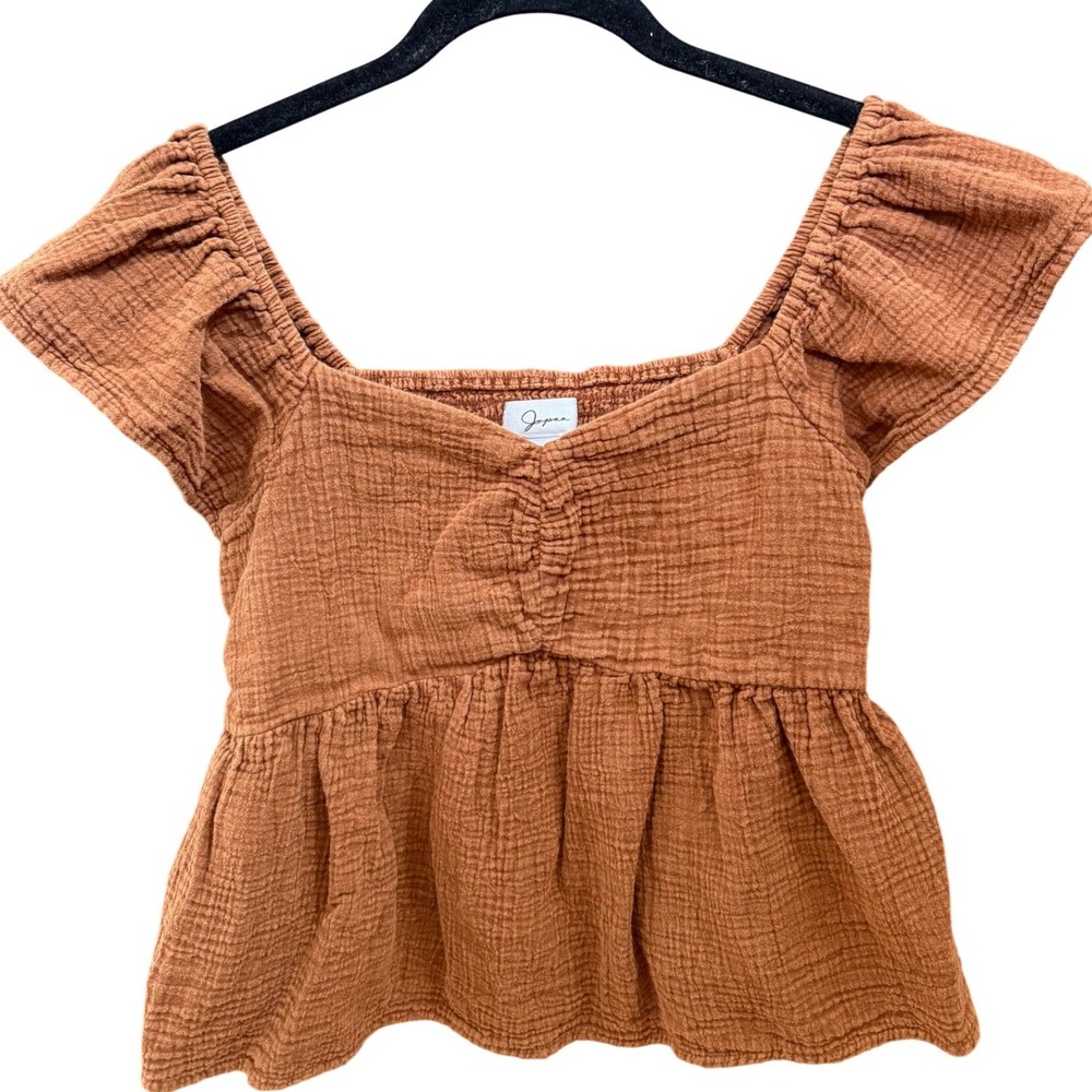Japna Womens Gauze Peplum Top Brown Size L Cottagecore Boho Babydoll Cotton